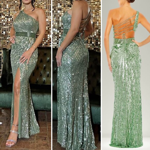 Mac Duggal 5687 Size 16 Sage Green One Shoulder Corset Back Long Maxi Gown Dress - Picture 1 of 6